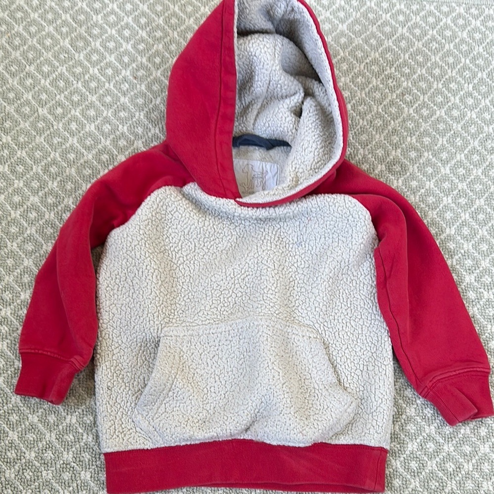 Mini Boden Sherpa Cozy Red and Gray Kids Hoodie